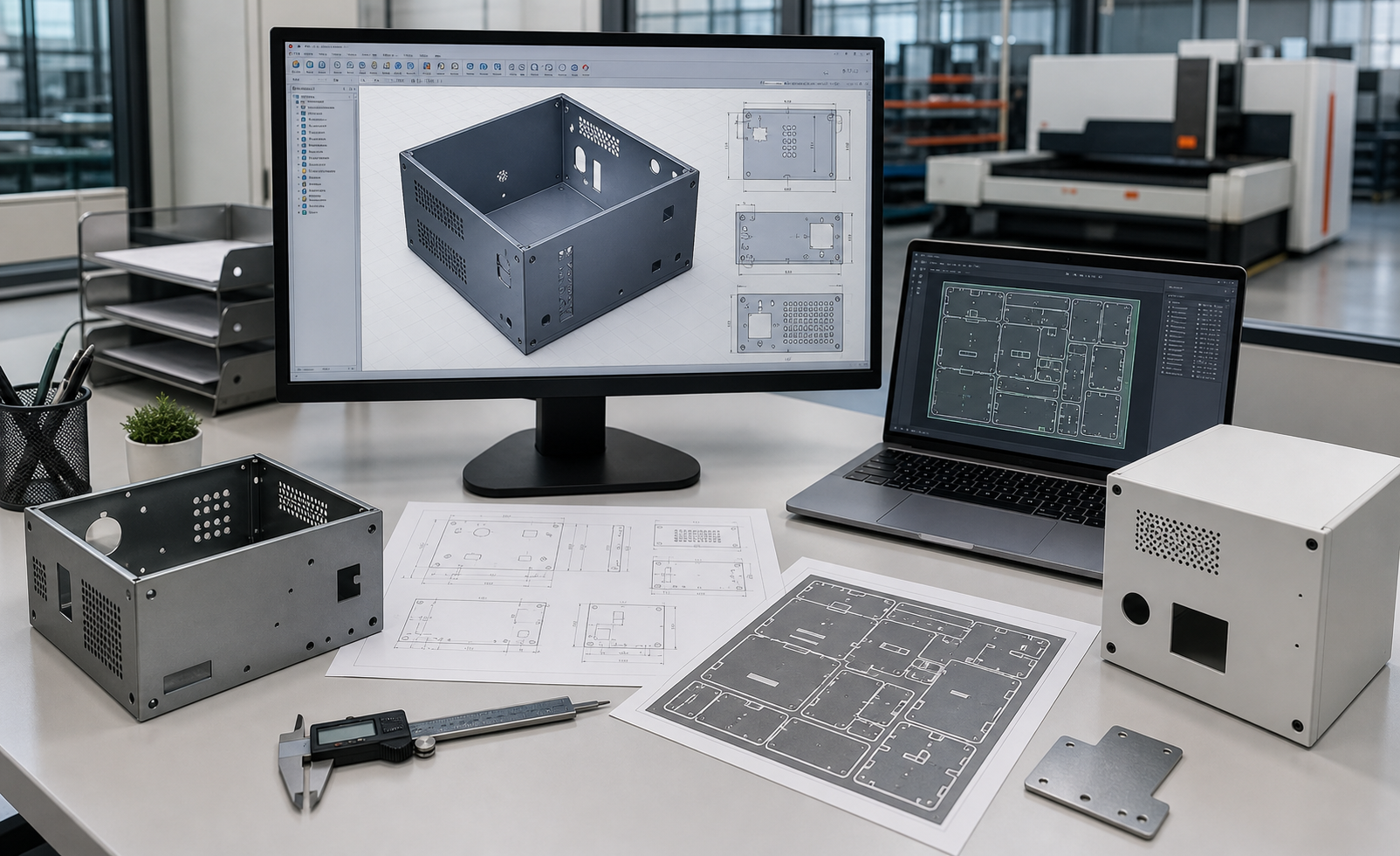CAD design, 2D drawings, 3D model, and CNC cutting layout for sheet metal manufacturing