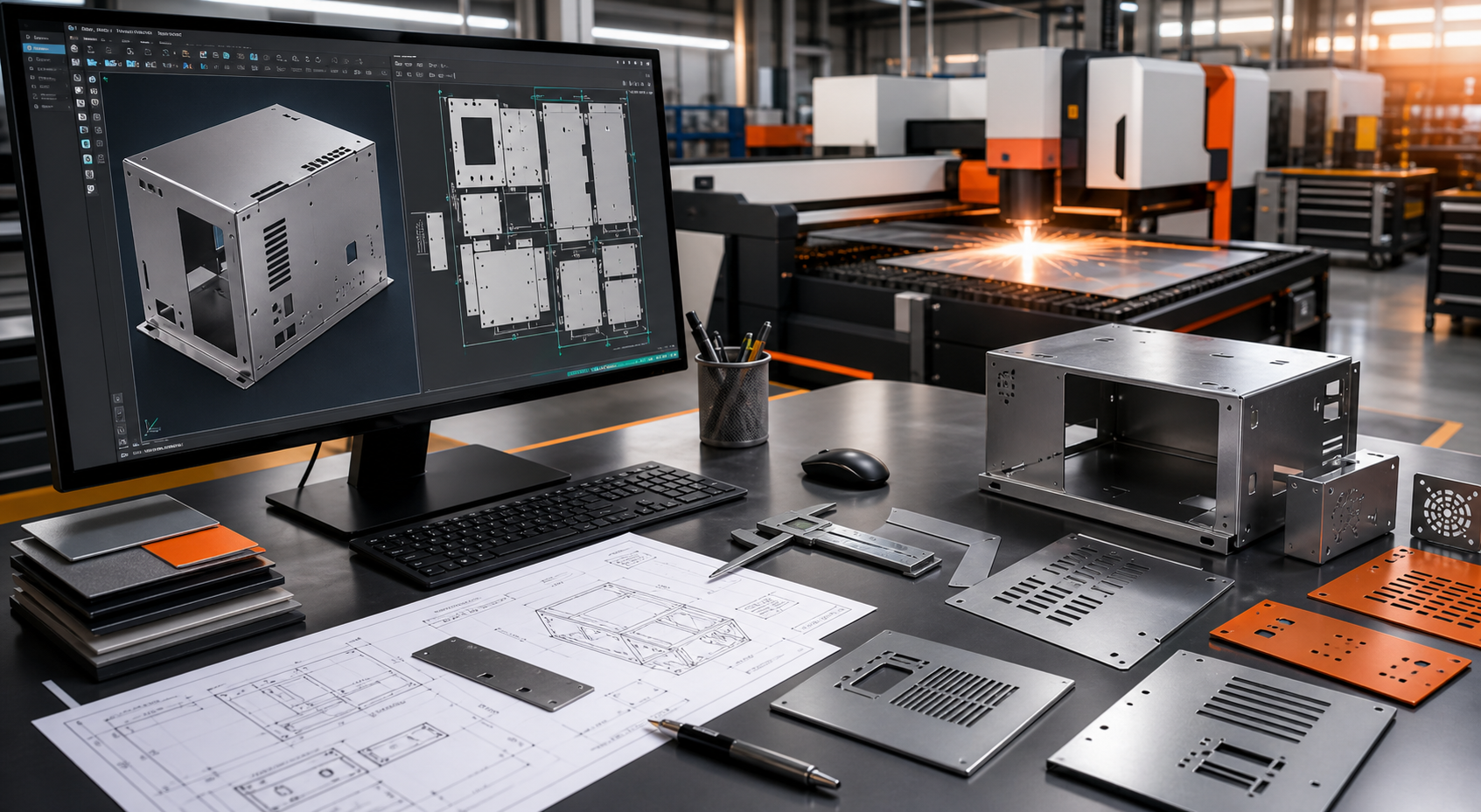 Industrial CAD workstation with fabrication drawings and sheet metal design
