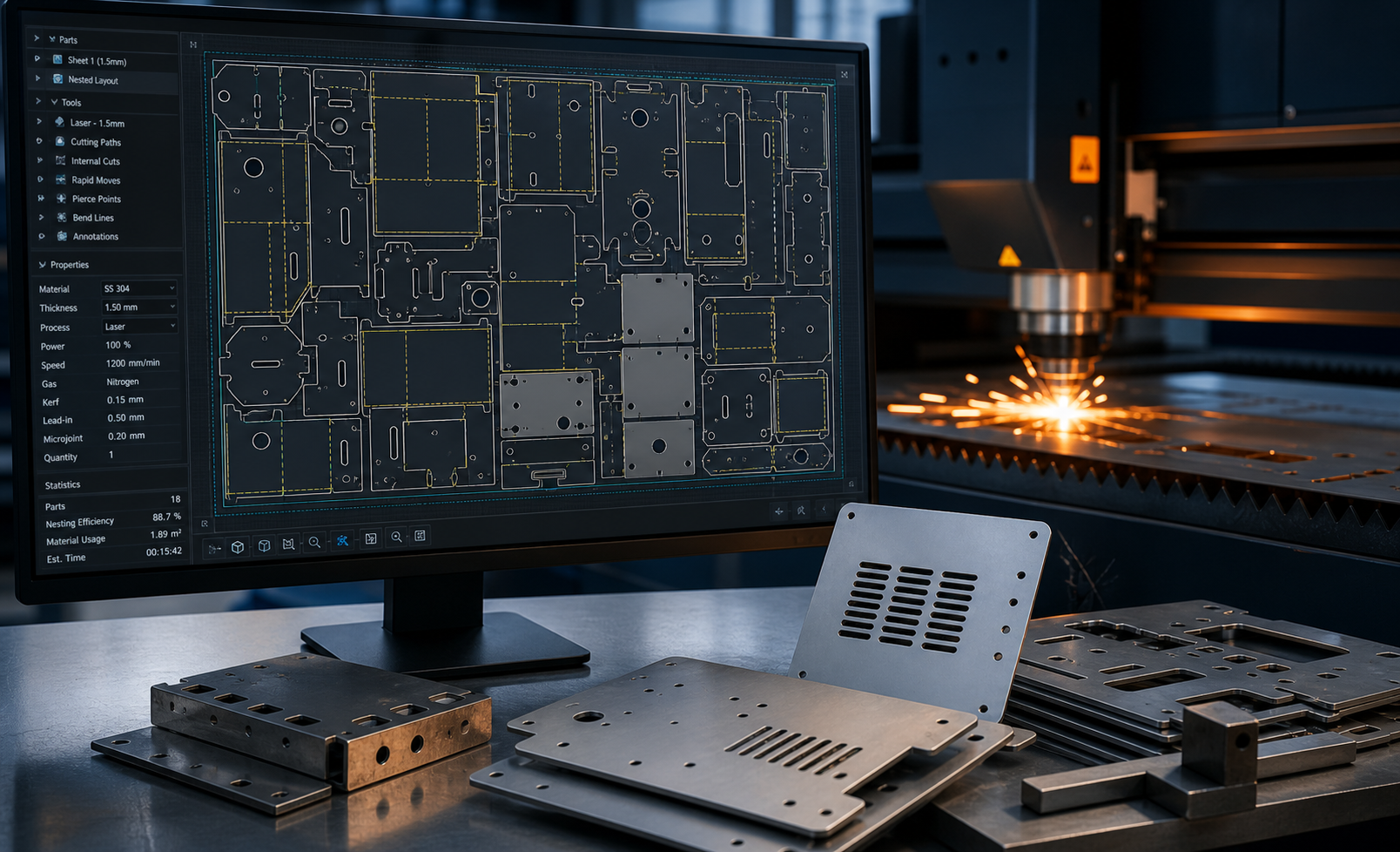 CAD CAM programming screen with laser cutting paths and sheet metal nesting