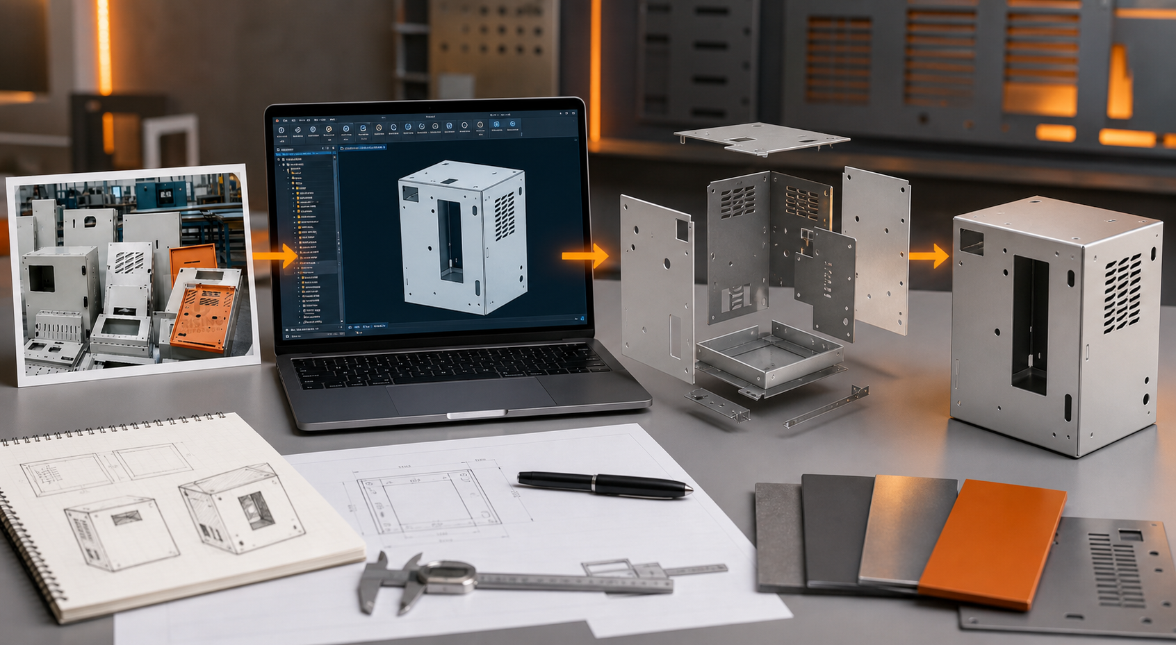 Reference product photo becoming CAD model and fabricated sheet metal product