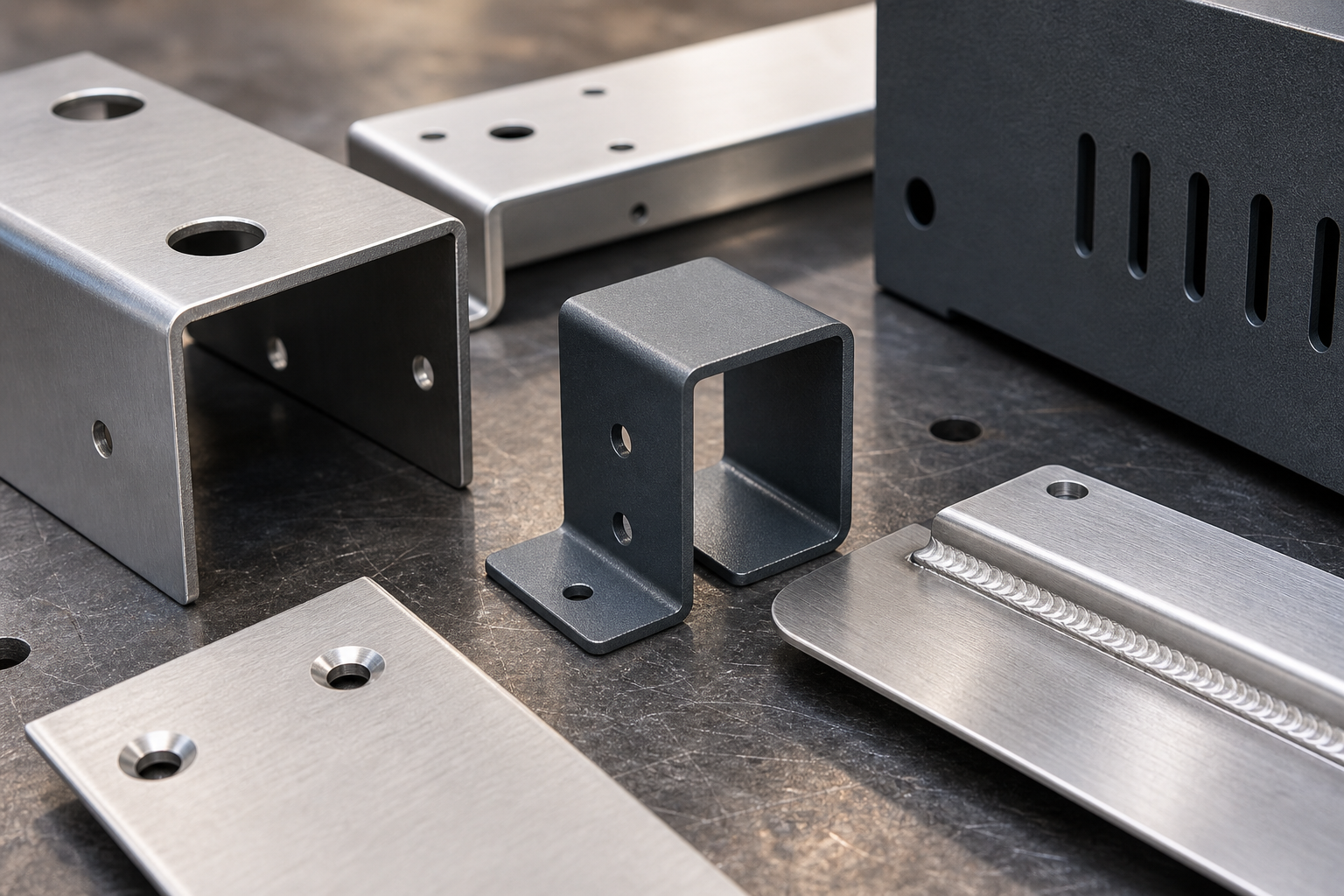 Close-up of precision sheet metal bends, holes, welds, and powder-coated finish