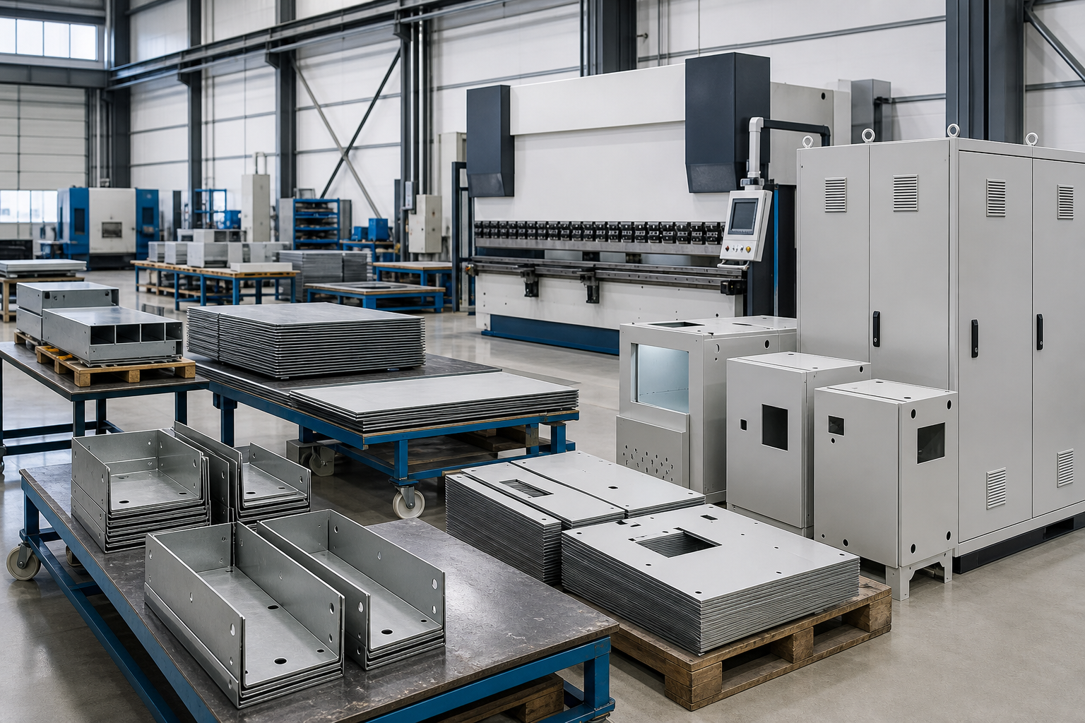 Organized sheet metal fabrication workshop with production batches and CNC bending area