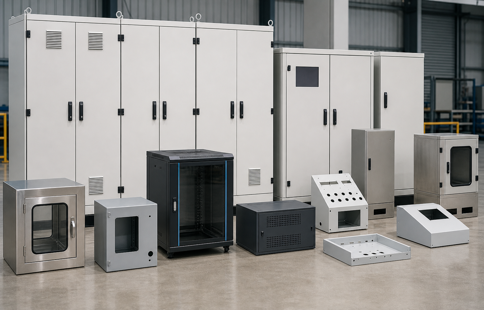 Finished sheet metal cabinets, racks, enclosures, and fabricated housings ready for application