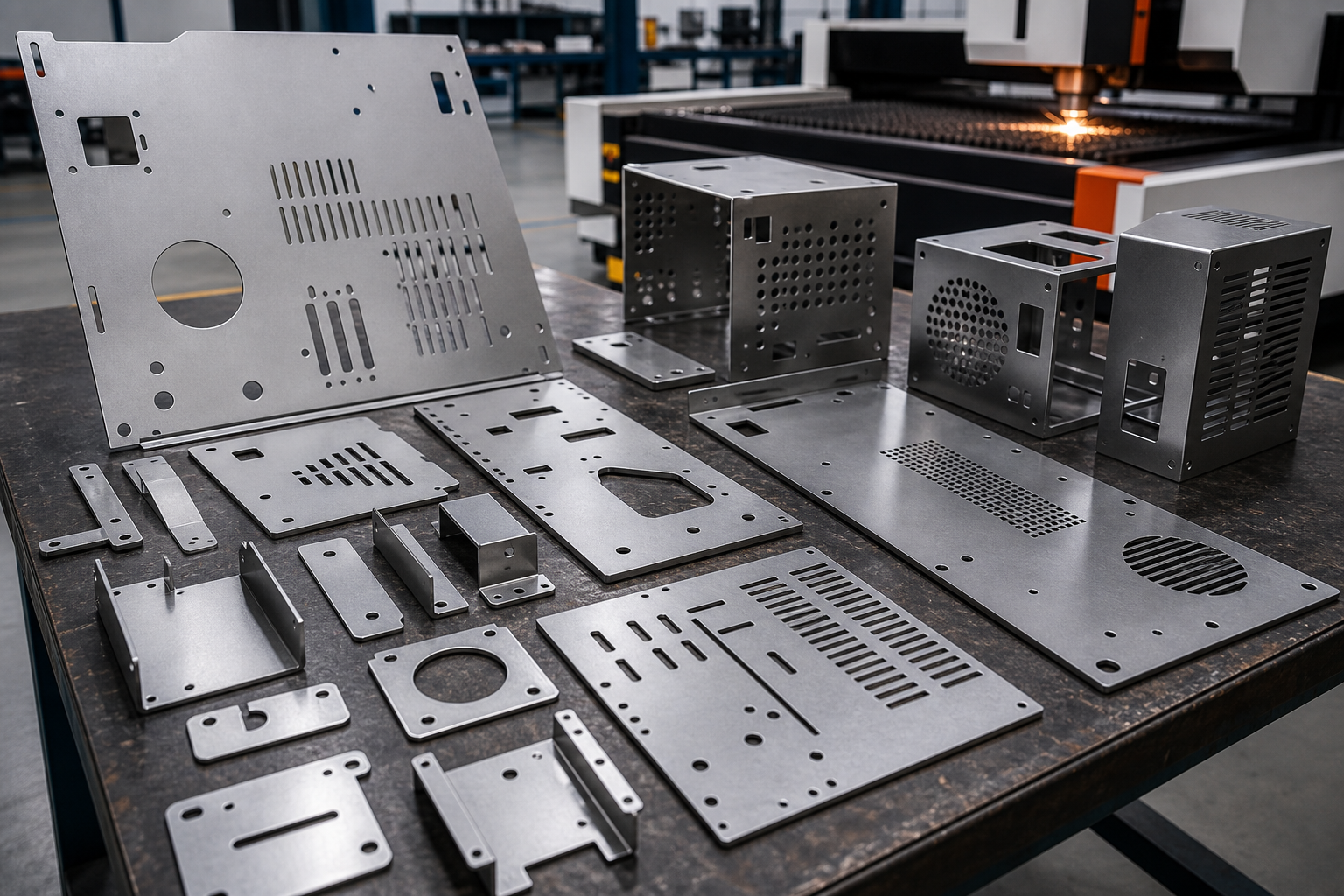 Sheet metal parts arranged on workshop table