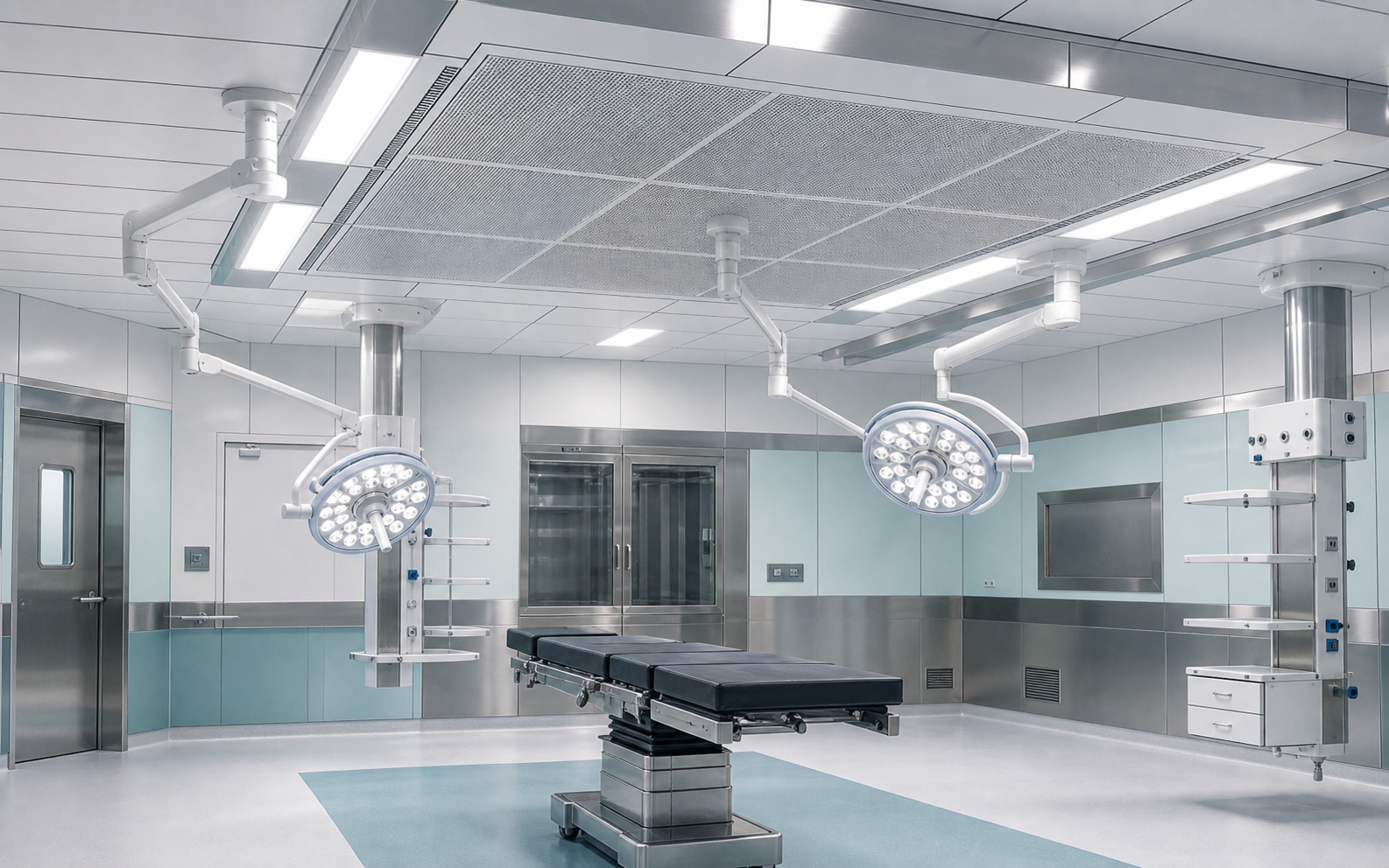 Operation theatre ceiling laminar airflow system with HEPA diffuser canopy