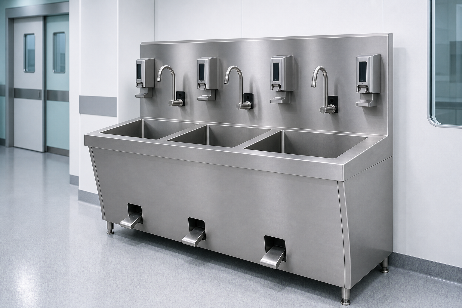 Stainless steel surgical scrub station with multiple sink basins